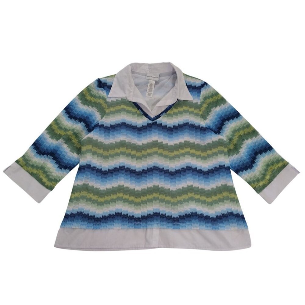 Alfred Dunner Knit Top Womens L Multicolor Chevron Patter Collared Layered Look
